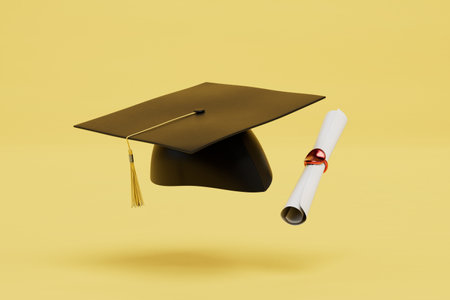 successful completion of studies. cap and master's diploma on a yellow background. 3d rendering.の写真素材