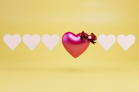 heart as a gift. patterns of white hearts between which a red heart with a gift bow. 3d rendering.の写真素材