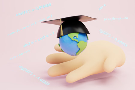 higher mathematical education around the world. a hand with a planet in a master's cap. 3d rendering.の写真素材