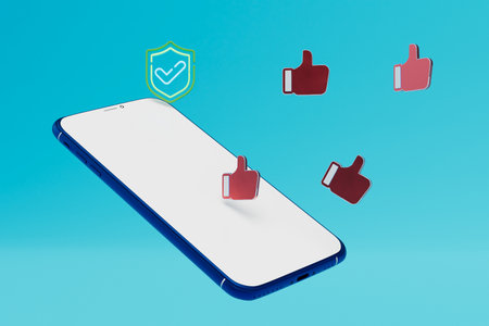 virus protection. good antivirus program. smartphone, antivirus icon with likes. 3d rendering.