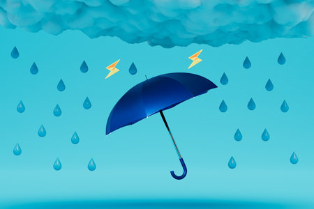 rainy weather. clouds with rain and lightning and an umbrella on a blue background. 3d rendering.の写真素材