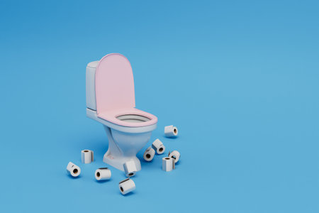 toilet mess. white toilet bowl and toilet paper rolls scattered on the floor. 3d rendering.の写真素材