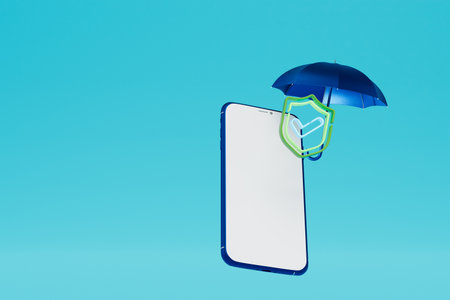 virus protection. smartphone, protective umbrella and antivirus icon on blue background. copy-paste. 3d rendering.の写真素材