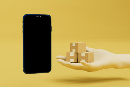 parcel delivery order via smartphone. hand with parcels and mobile phone on a yellow background. 3d...