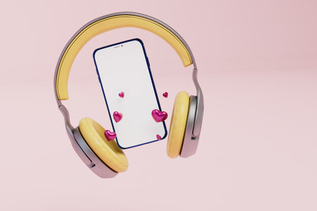 listening to your favorite music on your phone. smartphone with hearts and headphones on a pink background. 3d rendering.の写真素材