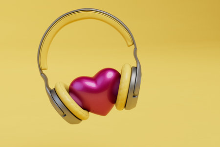 listening to the heartbeat. heart with headphones on a yellow background. 3d rendering.の写真素材