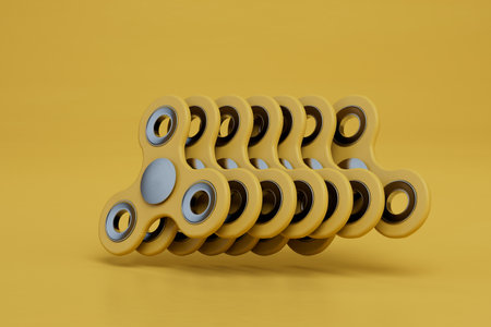 entertaining games for children. patterns of spinners superimposed on each other on a yellow background. 3d rendering.の写真素材