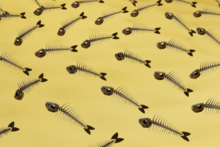 abstract background consisting of patterns of fish skeletons on a yellow background. 3d rendering.の写真素材