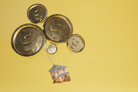 concept of buying a house. the house flies away on balloons in the form of dollars on a yellow background. 3d rendering.の写真素材