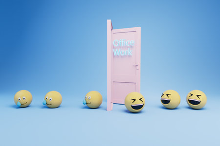 working day concept. crying and laughing emoticons in front of the door with the inscription office. 3d rendering.の写真素材