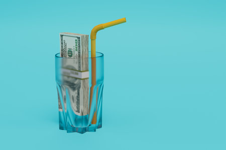 the concept of paying for a drink. drinking glass with dollars and a straw inside. 3d rendering.の写真素材