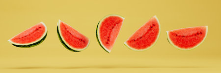 abstract background consisting of patterns of watermelon slices on a yellow background. 3d rendering.の写真素材