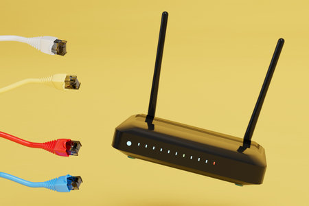 cable for internet connection. wifi router and internet cables on a yellow background. 3d rendering.の写真素材