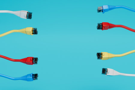 cable for internet connection. internet cables on a blue background. copy paste, copy space. 3d rendering.の写真素材