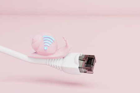 slow as a snail wifi connection via internet cable. snail with a wifi icon on the cable. 3d rendering.の写真素材