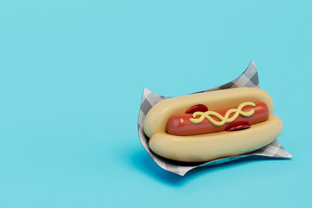 love for fast food. big hot dog on a blue background. copy paste, copy space. 3d rendering.の写真素材