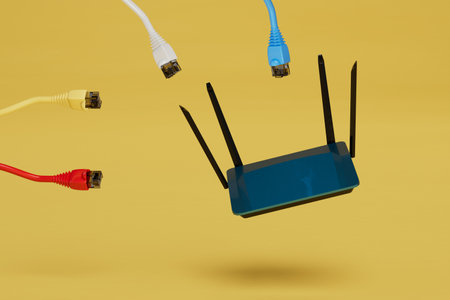 cable for internet connection. wifi router and internet cables on a yellow background. 3d rendering.の写真素材