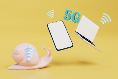 slow as a snail wifi in the past. high-speed 5G internet for laptops and smartphones. 3d rendering.