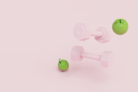the concept of a healthy lifestyle and proper nutrition. apples and dumbbells. copy-paste. 3d rendering.の写真素材