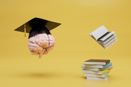 higher education concept. brain in a graduation cap near a stack of books. 3d rendering.