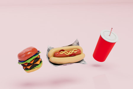 fast food snacks. cheeseburger, hot dog and cola on a pink background. 3d rendering.の写真素材