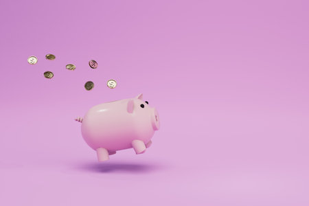 money storage concept. piggy bank into which dollars coins are pouring. copy paste, copy space. 3d...