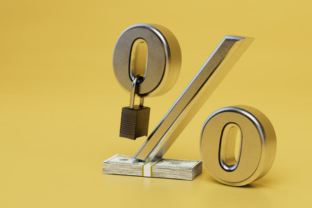 interest rate on cash deposits. percent icon with padlock and paper dollars. 3d rendering.の写真素材