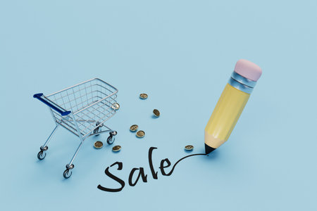 sale of goods. shopping trolley, dollars coins next to the inscription sale. 3d rendering.の写真素材