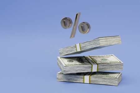 interest rate on cash deposits. percent icon and paper dollars. copy paste, copy space. 3d...