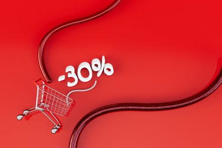 Sale items with 30 percent discount. cart for products on a red background. copy-paste. 3d rendering.の写真素材