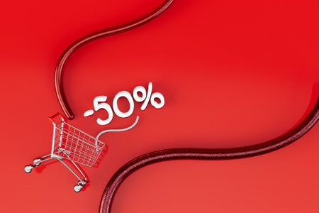 sale of goods at half price. discount up to 50%. cart for groceries on a red background. 3d rendering.の写真素材