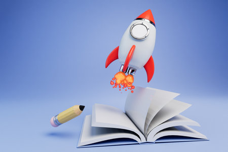 the concept of rapid acquisition of knowledge. book with a pencil and a rocket on a blue background. 3d rendering.の写真素材