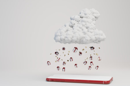 the concept of online shopping. a cloud from which to pour dollar coins and gifts on the smartphone....