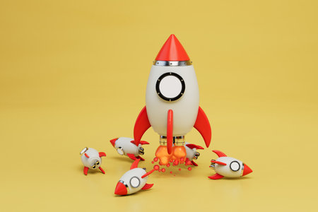 the concept of space exploration. a rocket taking off around which rockets lie on a yellow background. 3D rendering.の写真素材