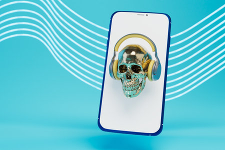 listening to music on your phone with headphones. a human skull in headphones on the phone's display. 3D rendering.の写真素材