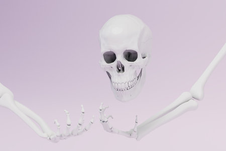 preparation for Halloween. skull and bones of the hands on a pastel background. 3D rendering.の写真素材