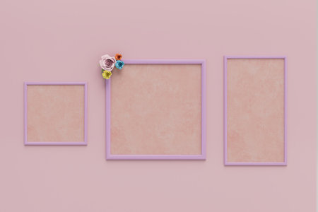 set of frames for photos with multi-colored flowers on a pastel background. copyspace. 3D rendering.