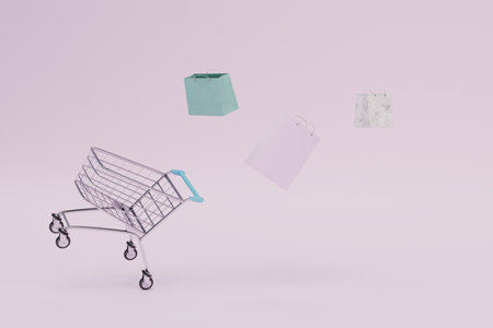 the concept of buying gifts. trolley for goods from which gift bags fly out. 3D rendering.の写真素材