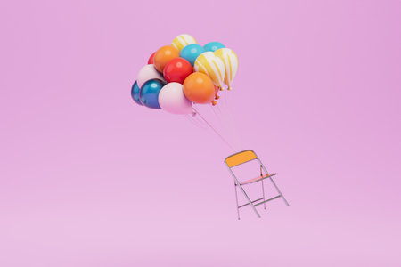 the concept of graduation. a chair flying away on multi-colored balloons on a pink background. 3D rendering.の写真素材