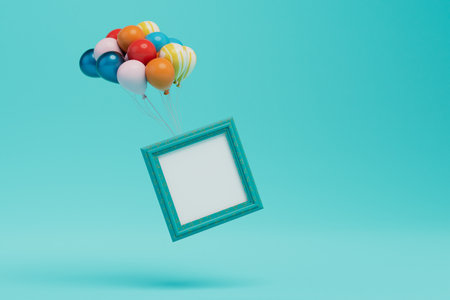photo frame flying on a cloud of colorful balloons on a turquoise background. copy paste, copy...