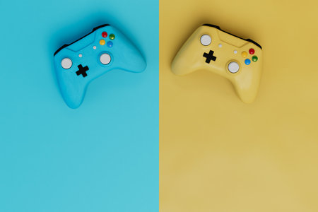 accessories for game consoles. Blue and yellow gaming joysticks on a blue and yellow background. copy-paste. 3D rendering.の写真素材
