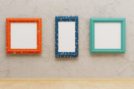 frames for photos of different shapes and colors on the wall of marble color. copyspace. 3D...