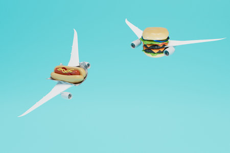 the concept of junk food. a hot dog and a hamburger flying on the wings of an airplane. copy-paste....
