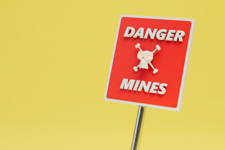 A red dangerous mine sign with a danger symbol in the form of a skull and bones. copy-paste. 3D rendering.の写真素材