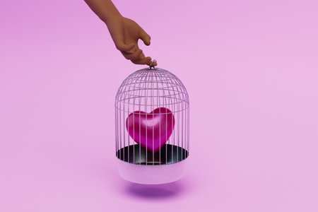 a man gives his loving heart. a hand in which a cell with a heart on a pink background. 3D rendering.の写真素材