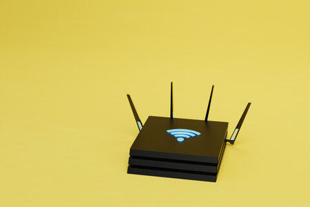 WiFi router for internet distribution. Router with Wi-Fi icon glowing blue neon light. 3D rendering.