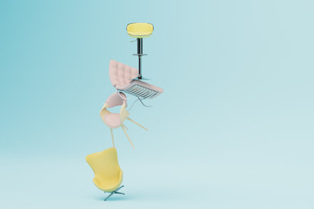 chairs of different purposes and shapes standing on top of each other on a blue background. copy-paste. 3D rendering.の写真素材