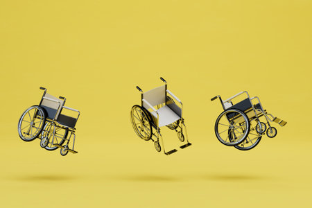 wheelchairs for the movement of disabled people. wheelchairs flying on a yellow background. 3D rendering.の写真素材