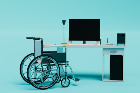 arrangement of workplaces for the disabled. a wheelchair next to the desk on a blue background. 3D rendering.の写真素材