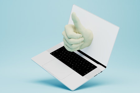 a job well done on the computer. a laptop and a thumbs up sticking out of it. 3D rendering.の写真素材
